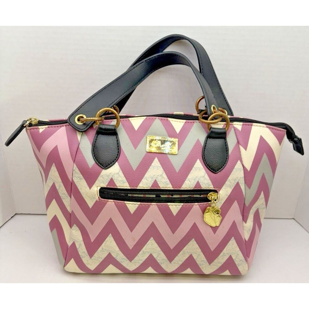 Luv Betsey Johnson Pink Chevron Satchel Handbag Black Handles